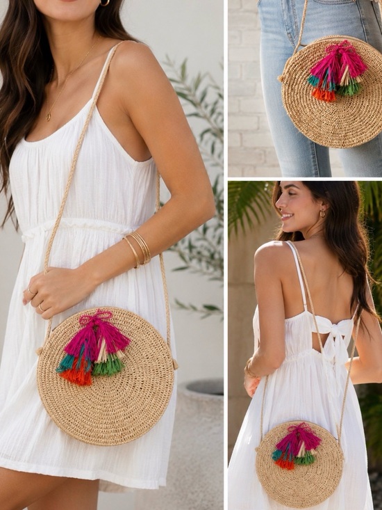 Mar Y Sol Handbags - Mar Y Sol Woven Round Straw Crossbody Bag with Colorful Tassels